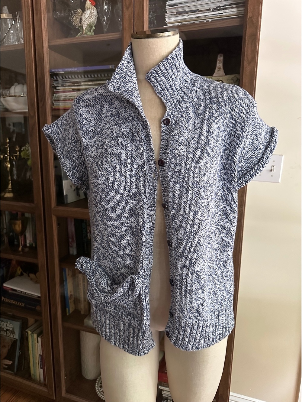 Talbots Blue / White Married Cotton Knit Cardigan Sweater Vest size L
